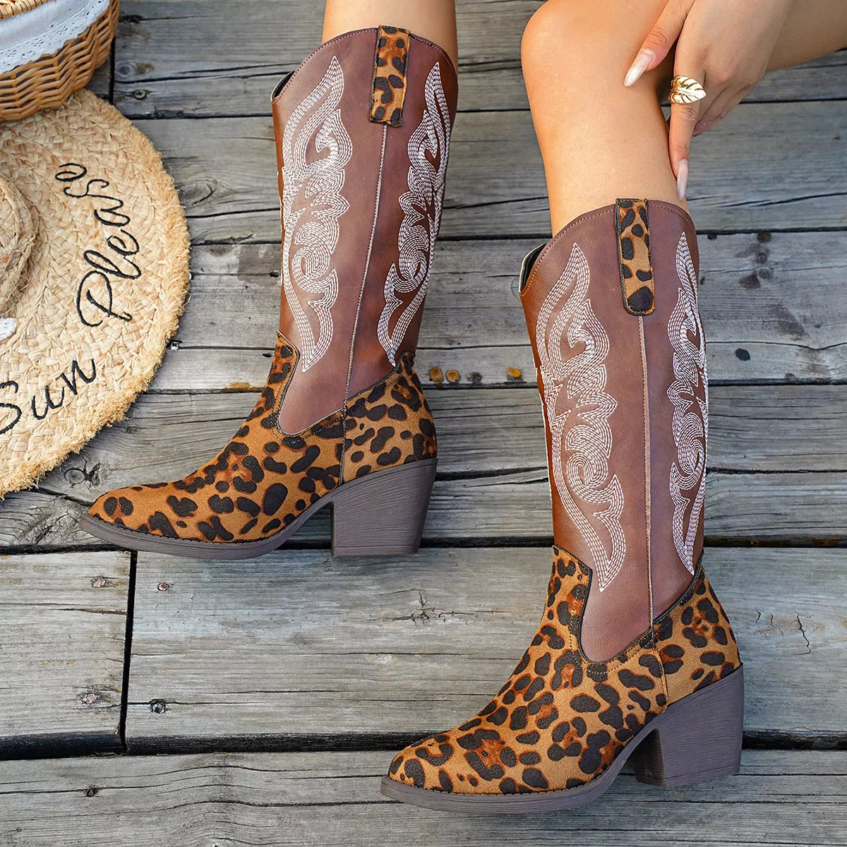 Western embroidered mid calf boots angled studio view