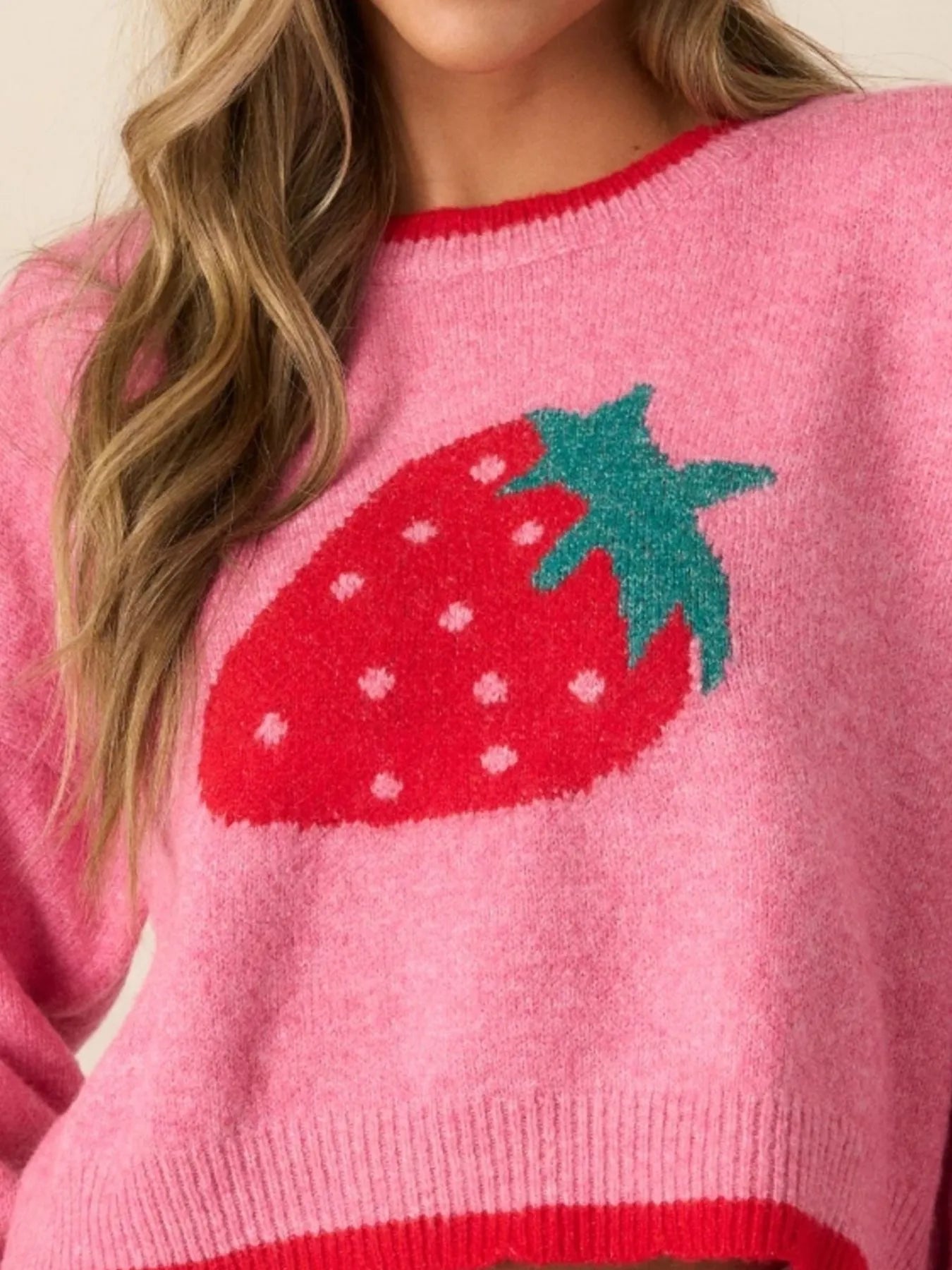 Strawberry Round Neck Long Sleeve Sweater - Fashorio