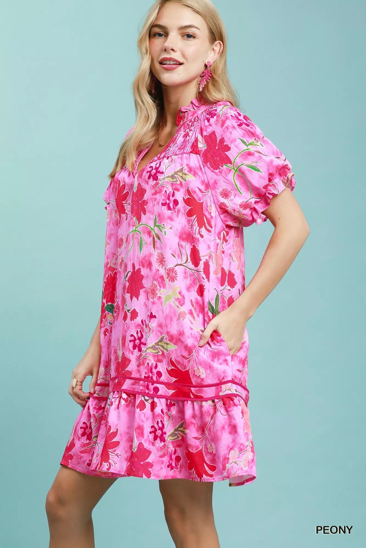 Peony floral ruffle hem mini dress back view