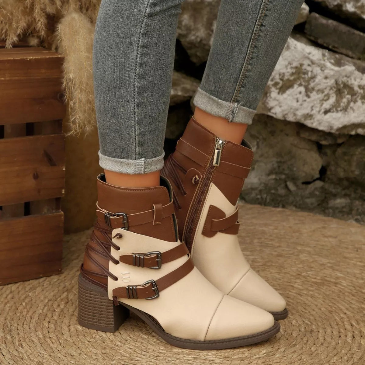 Point Toe Buckle Strap Ankle Boots with Block Heel full length view