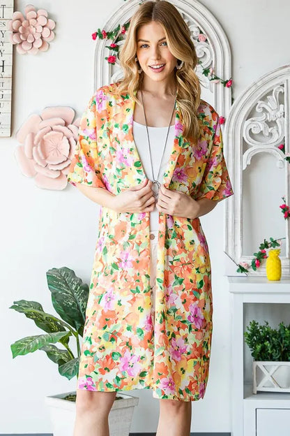 Heimish Full Size Half Sleeve Multi Color Floral Open Cardigan Plus Size - Fashorio