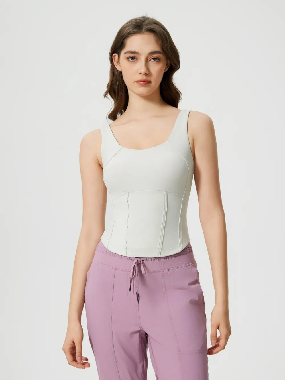 Millennia Round Neck Wide Strap Active Tank with Detachable Chest Pads White - Fashorio