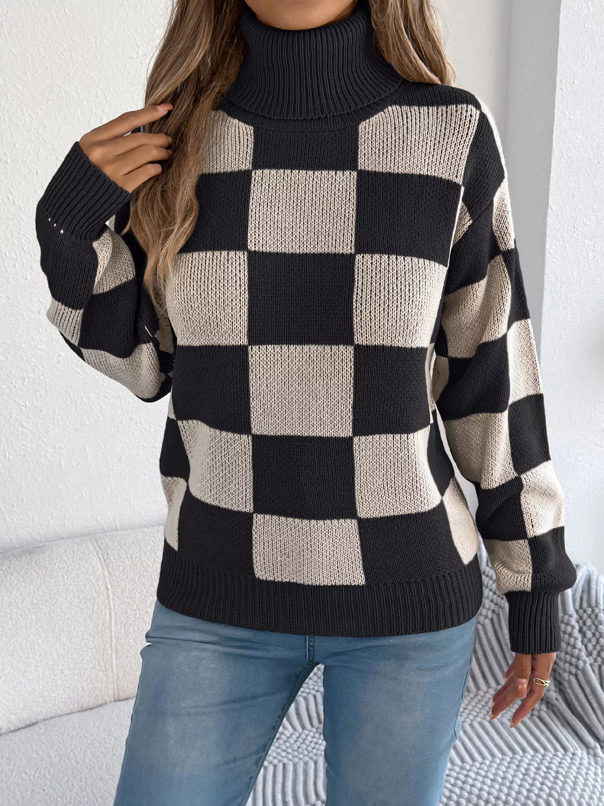 Checkered Turtleneck Long Sleeve Sweater view 8