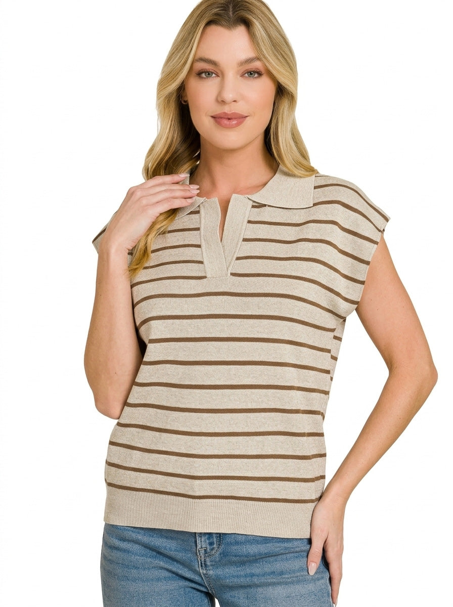 Mocha striped polo collar sweater vest styling