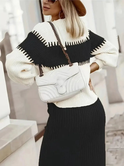 Two-Tone Ribbed Knit Top and Skirt Sweater Set - Fashorio
