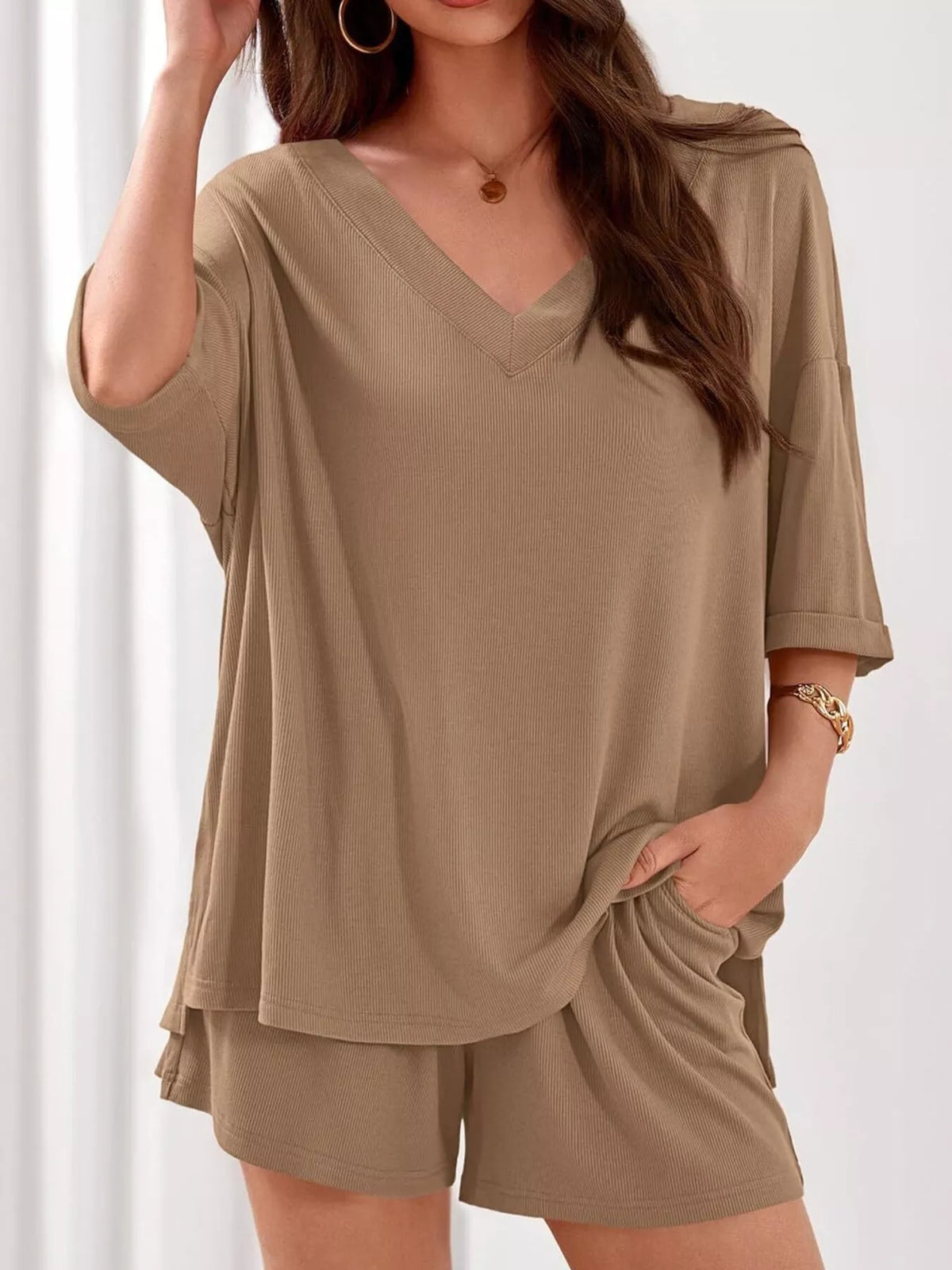 V neck two piece set back view
