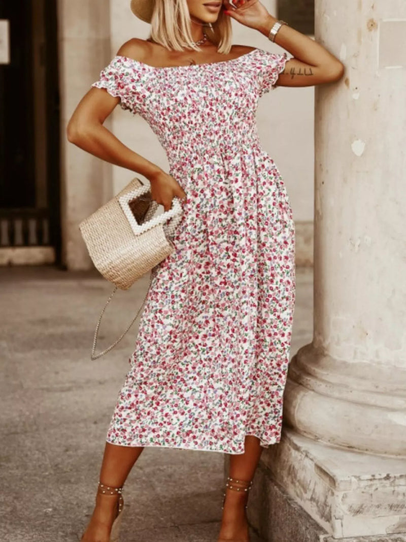 White floral off shoulder ruched midi dress front view