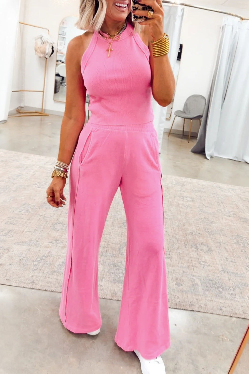 Slim ribbed tank and sweatpants two piece set front view