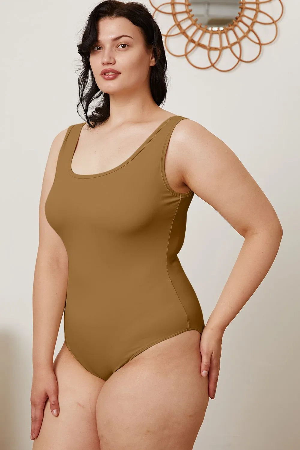 Basic Bae square neck sleeveless bodysuit front view on model
