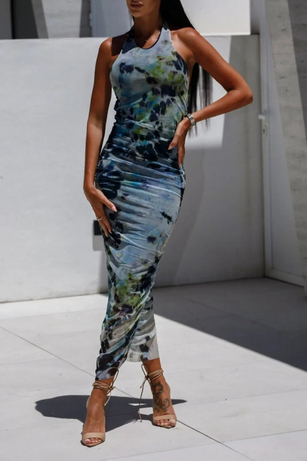 Backless printed halter neck dress front view