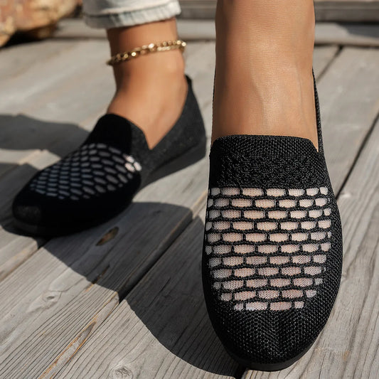 Mesh Breathable Slip-On Loafers with Perforated Design Black - Fashorio