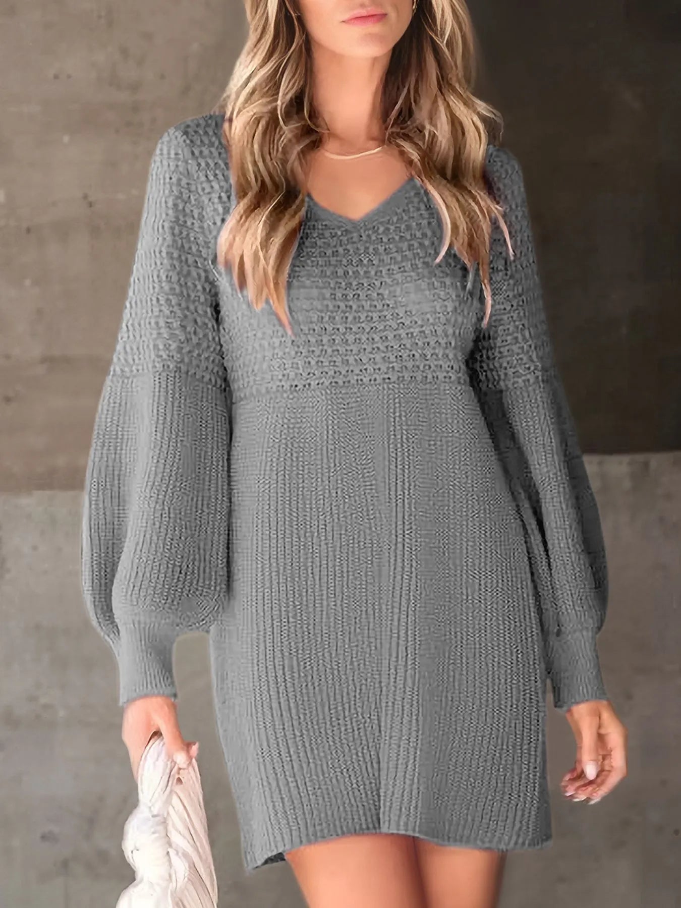 Texture V-Neck Lantern Sleeve Sweater Dress Gray - Fashorio