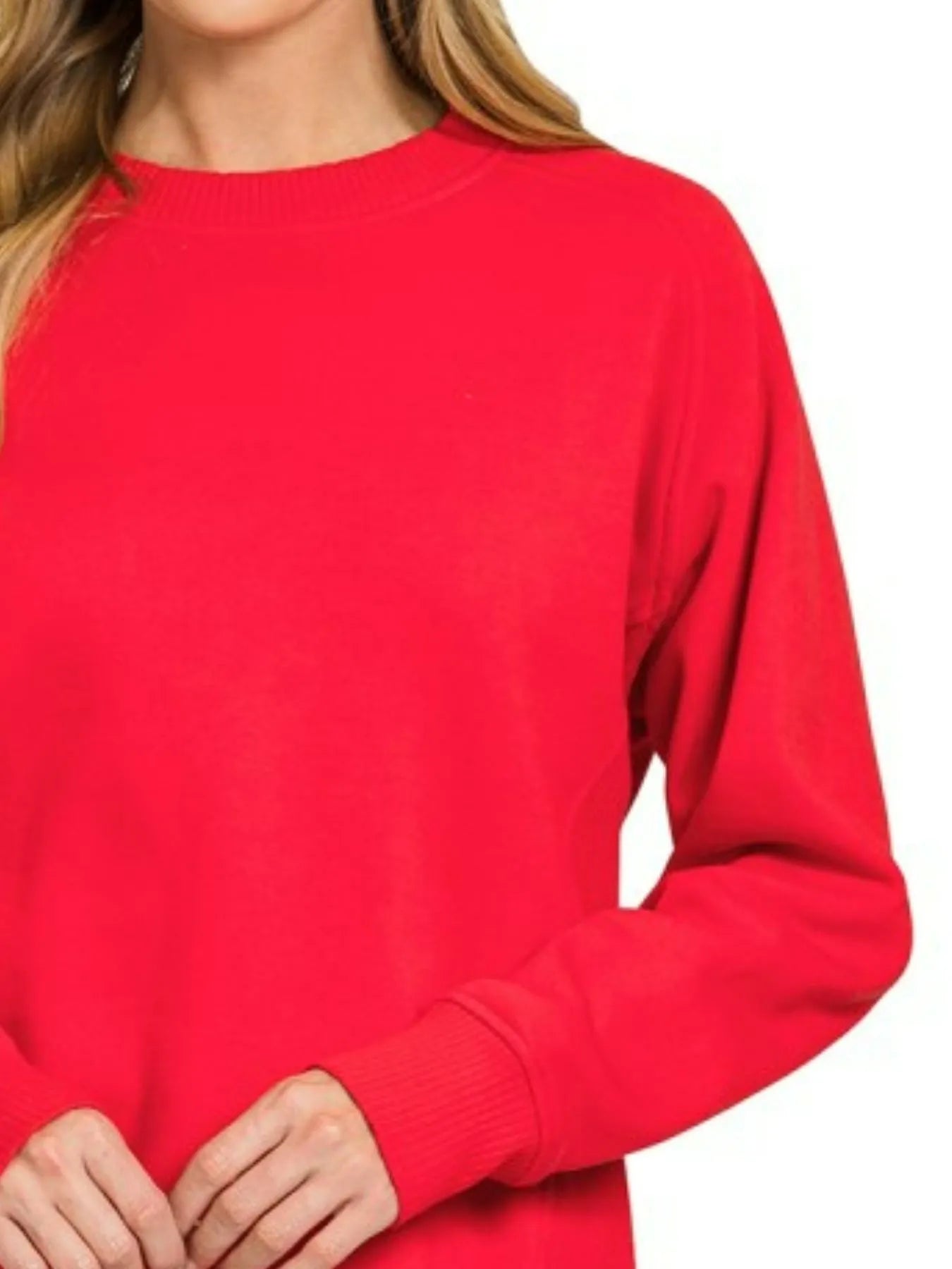 Zenana Fleece Round Neck Ribbed Side Raglan Sweatshirt - Fashorio