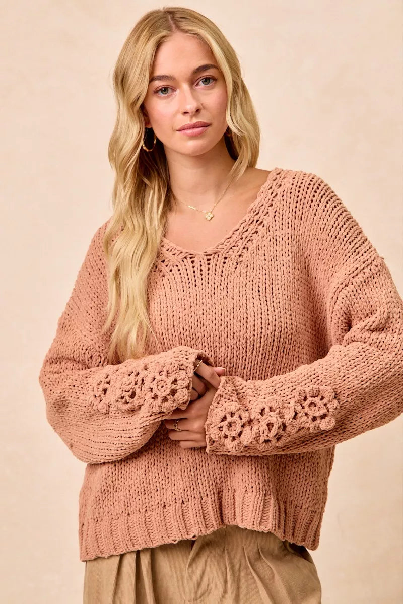 Chunky Knit Sweater with Floral Sleeves in Dusty Peach side view