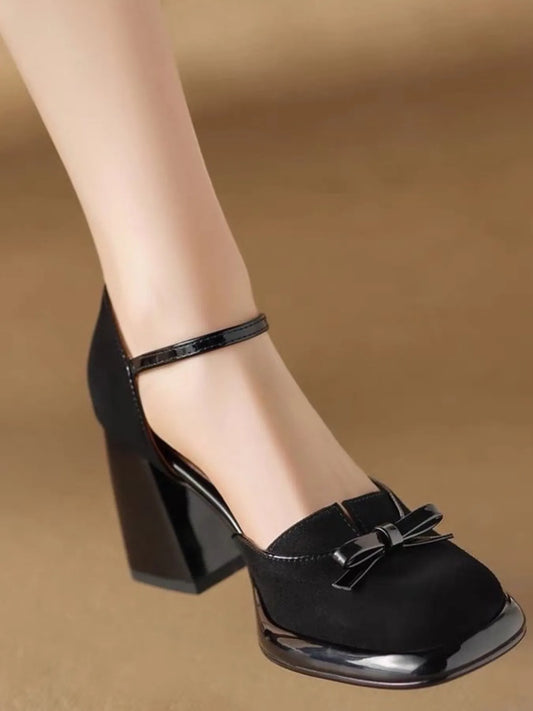 Bow Block Heel Ankle Strap Pumps Black - Fashorio