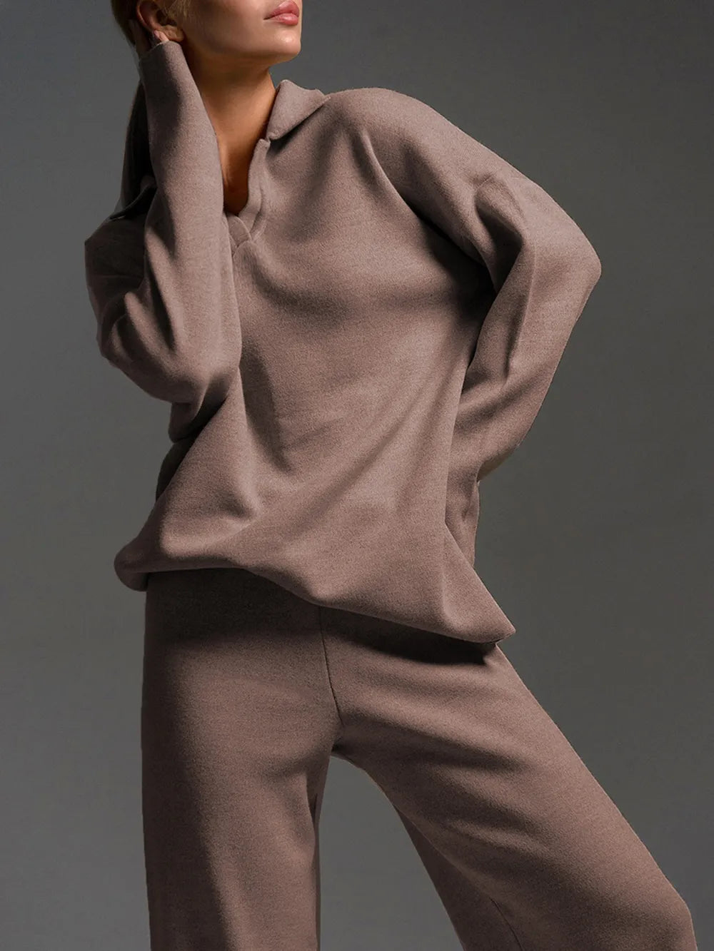Johnny Collar Long Sleeve Top and Pants Sweater Set Taupe One Size - Fashorio