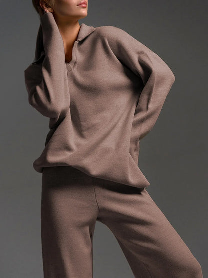 Johnny Collar Long Sleeve Top and Pants Sweater Set Taupe One Size - Fashorio