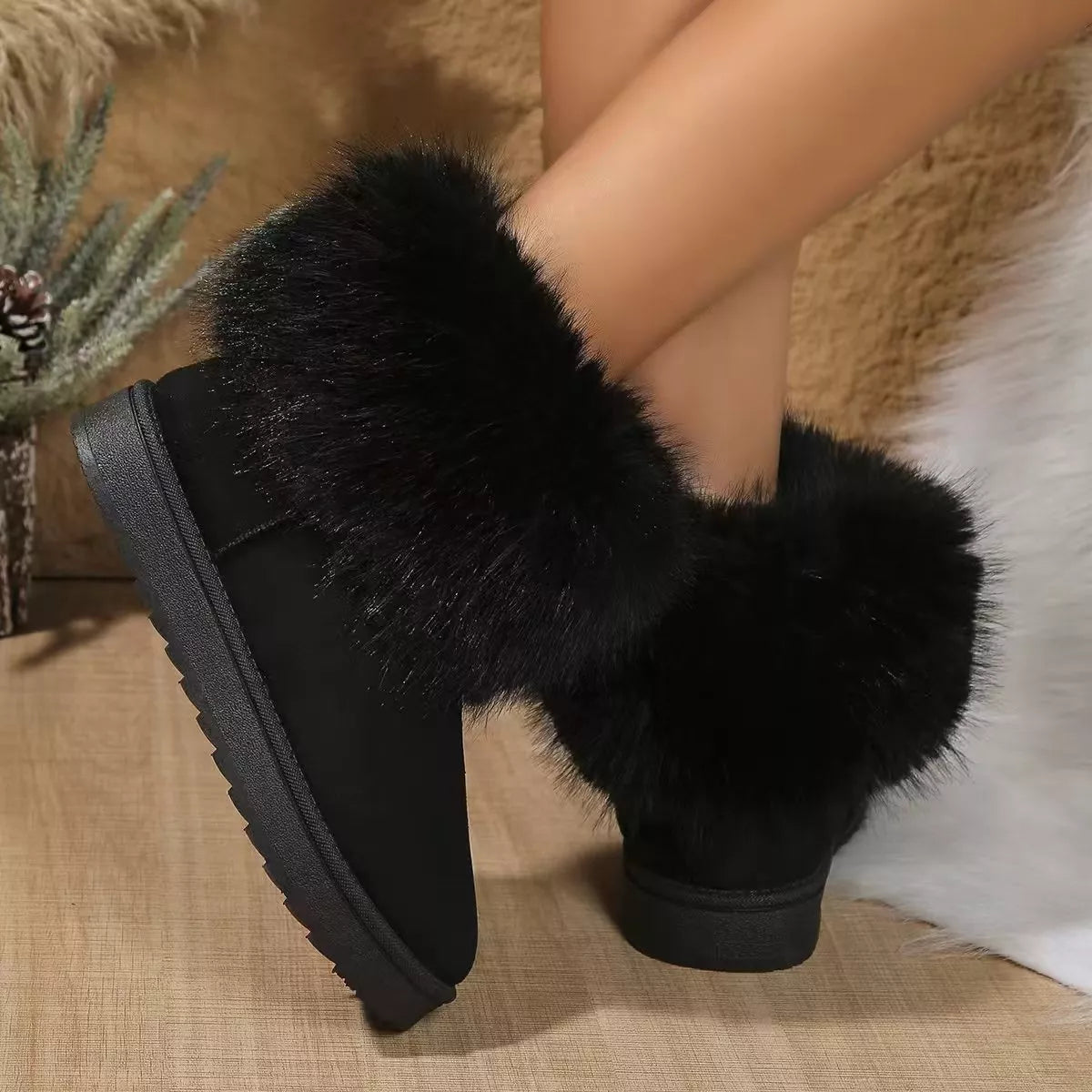 black fuzzy trim ankle boots back view
