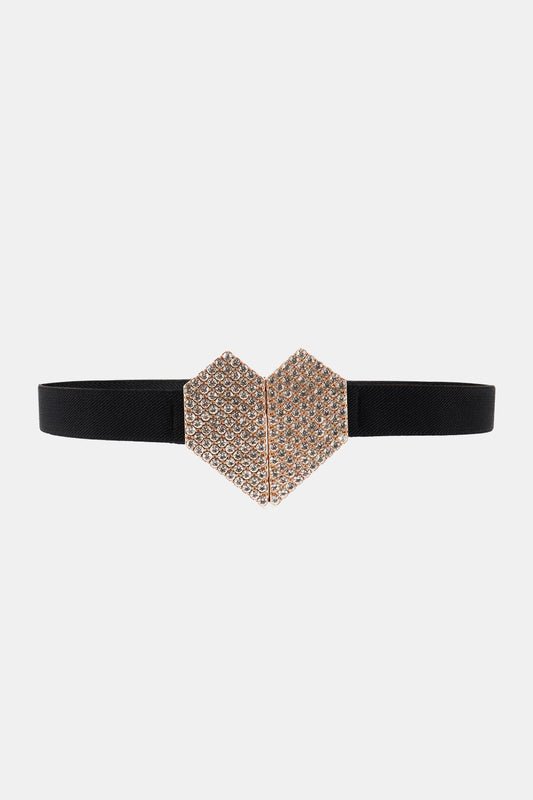 Rhinestone Heart Buckle Elastic Belt Black One Size - Fashorio