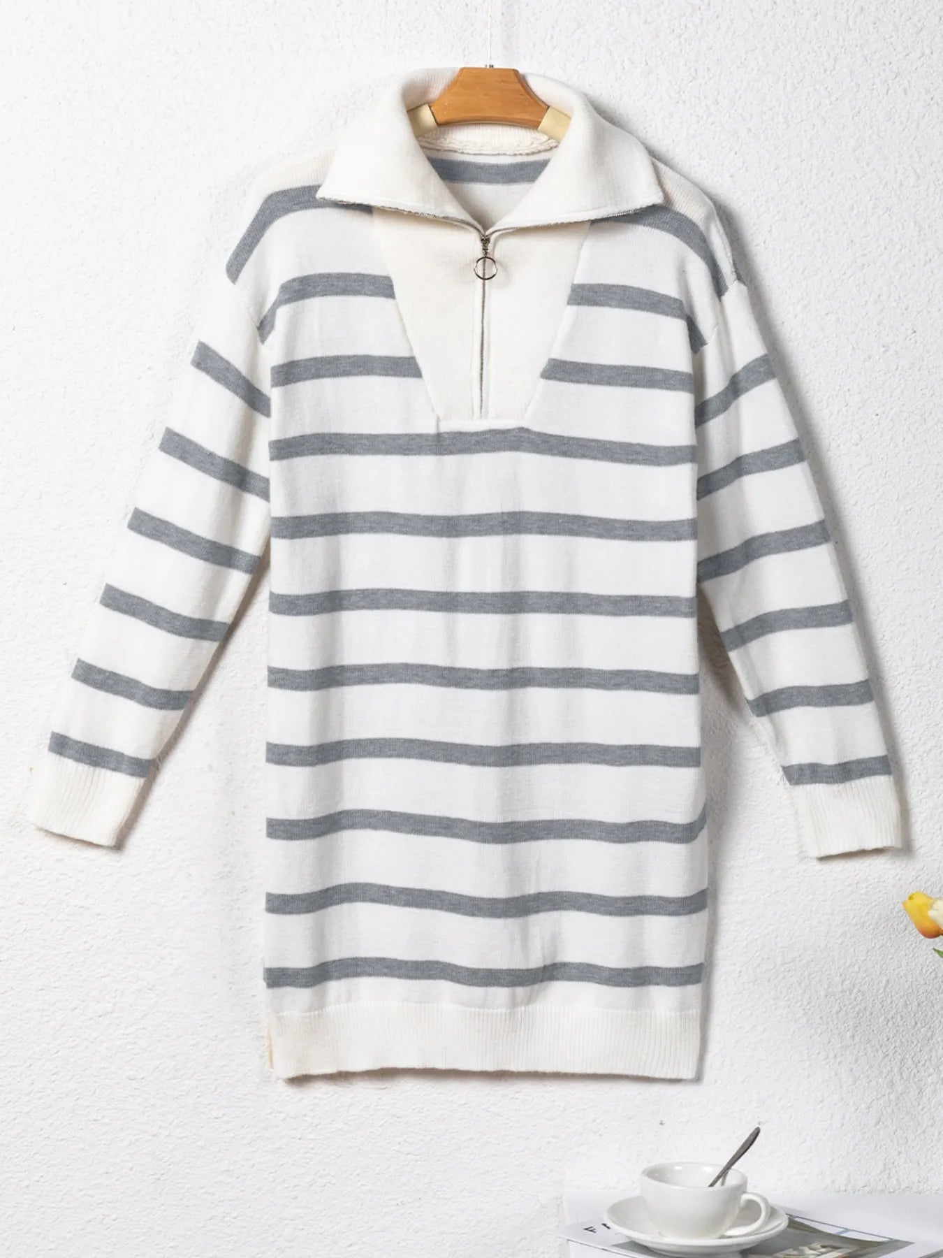 Striped O-ring Zip Collared Loose Sweater Mini Dress - Fashorio