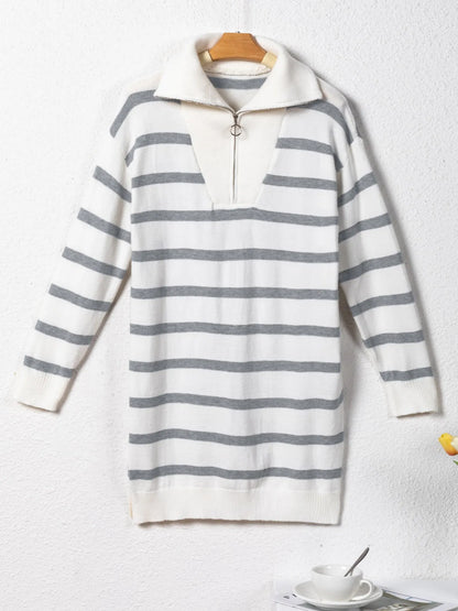 Striped O-ring Zip Collared Loose Sweater Mini Dress - Fashorio