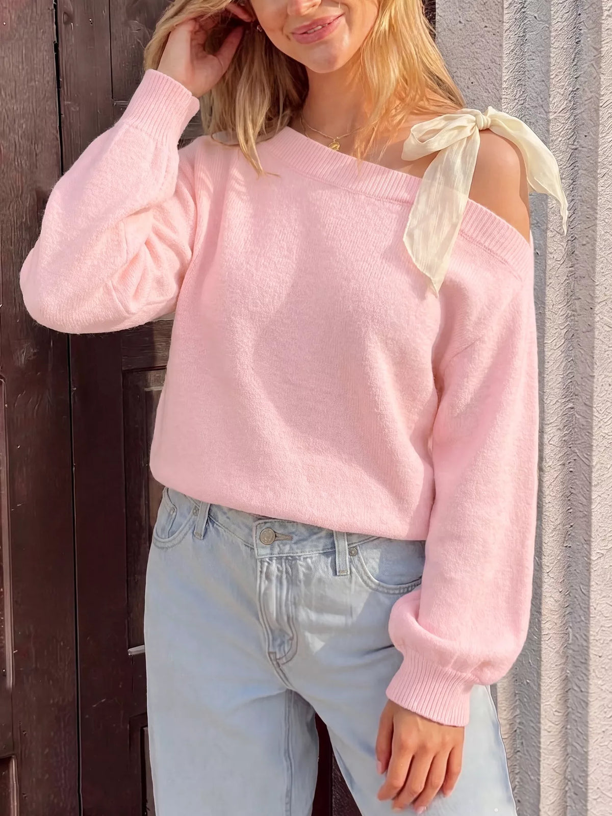 One Shoulder Bow Detail Sweater back view