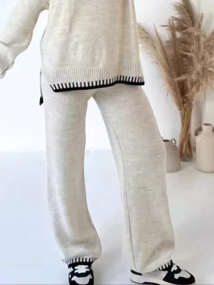 Contrast Trim Round Neck Top and Pants Sweater Set - Fashorio