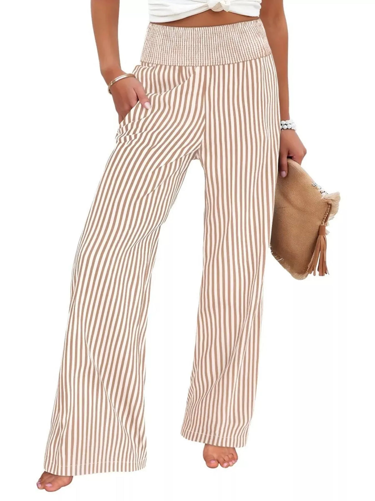 Striped smocked waist wide leg pants detail view