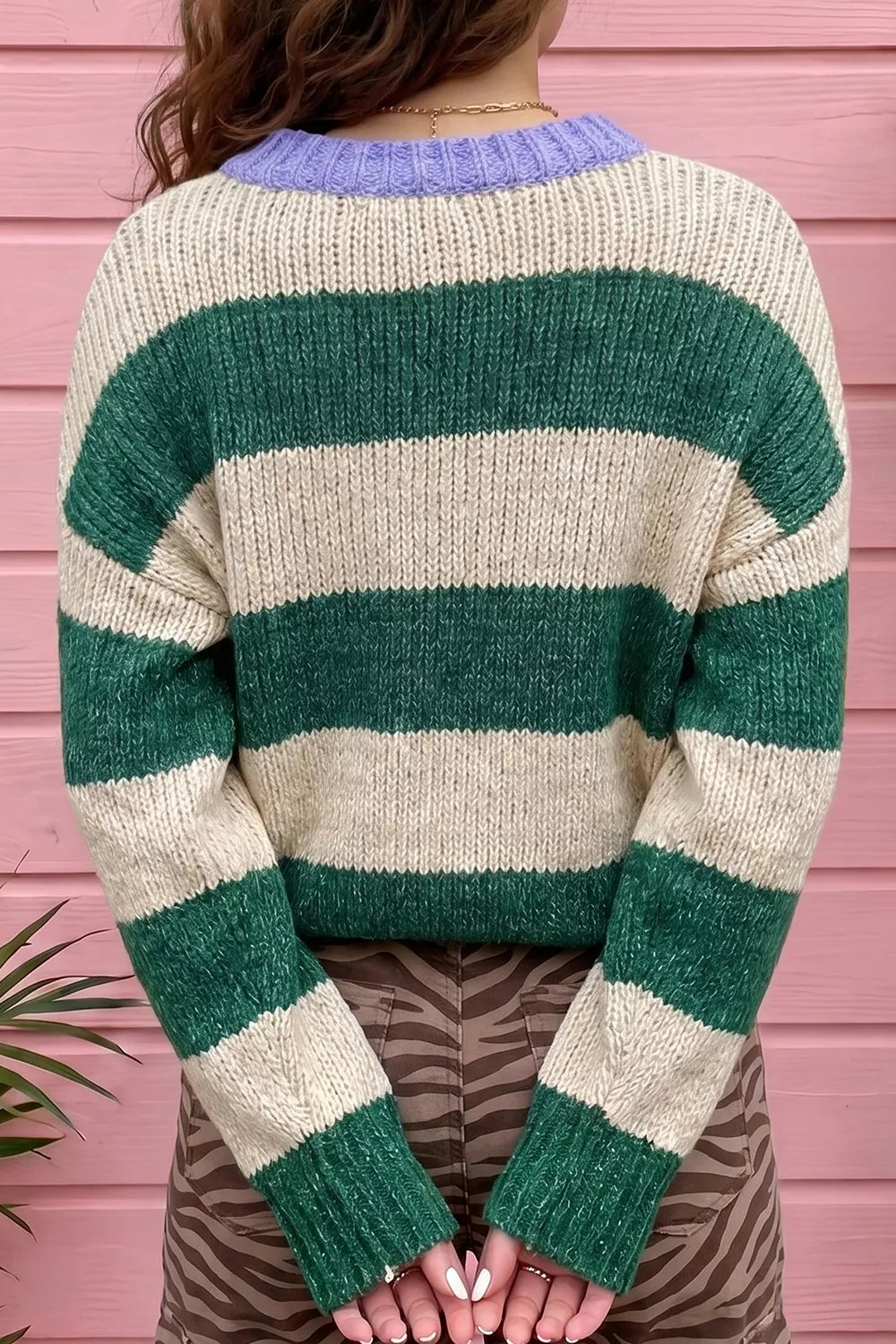 Striped Colorblock Drop Shoulder Pullover back view