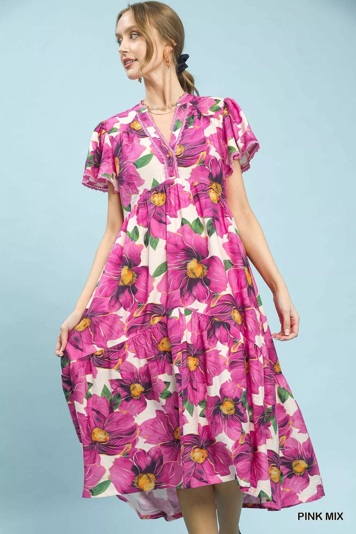 Pink tropical floral v neck flutter sleeve tiered midi dress front view
