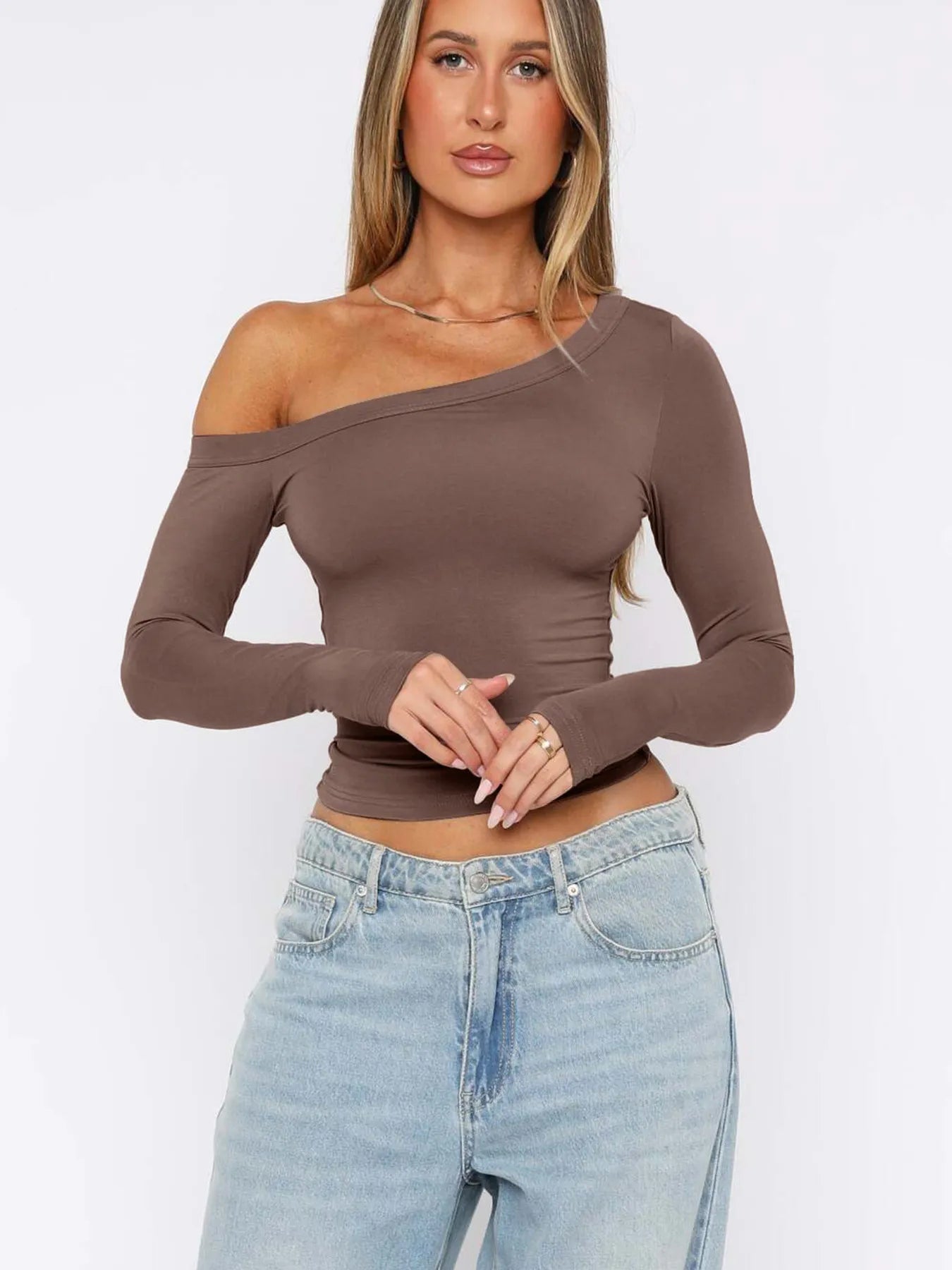 One Shoulder Long Sleeve Crop T-Shirt - Fashorio