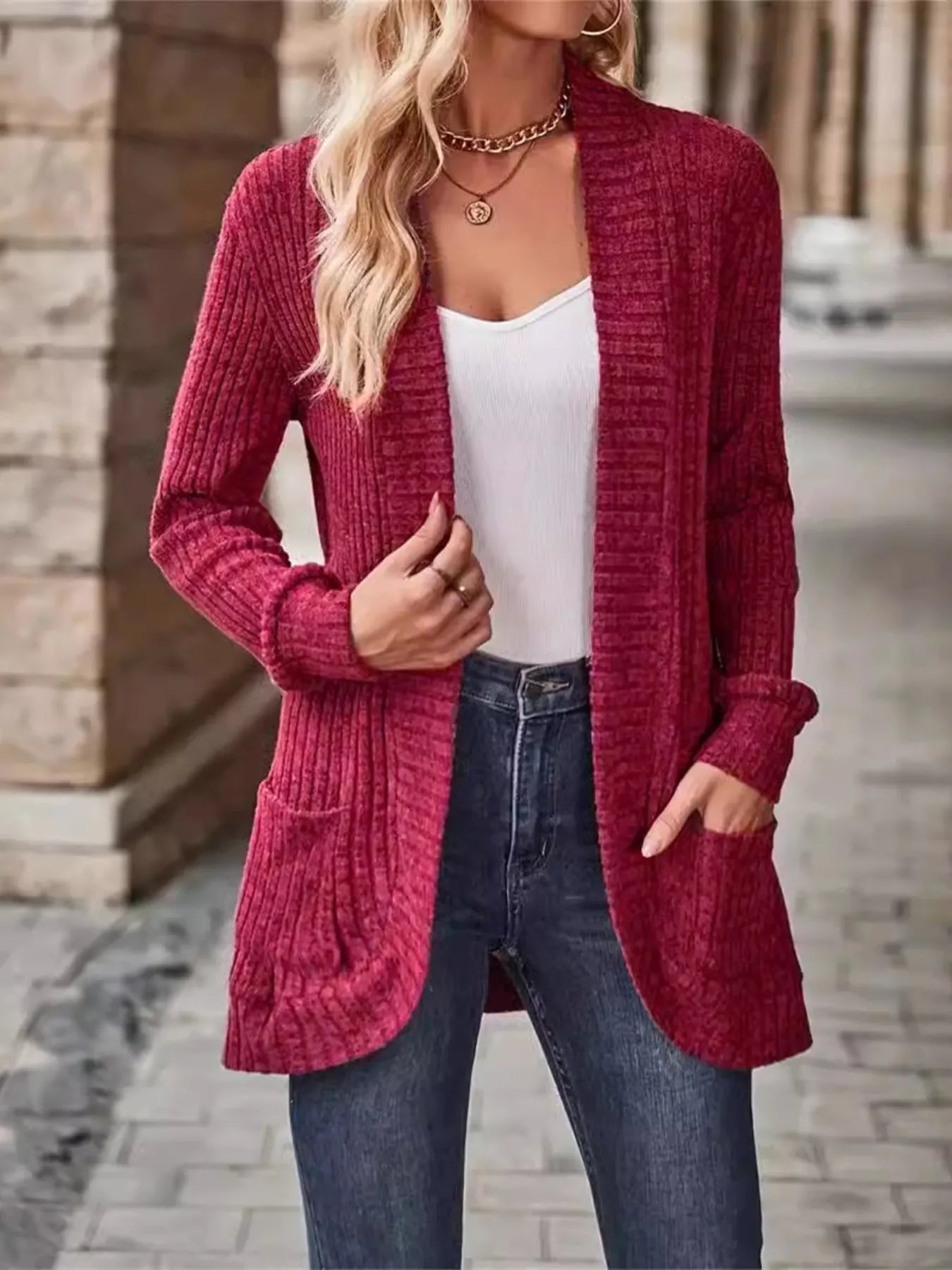 Ribbed Open Front Long Cardigan with Pockets - Fashorio
