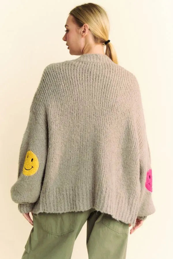Davi & Dani Fuzzy Smile Open Front Long Sleeve Cardigan - Fashorio