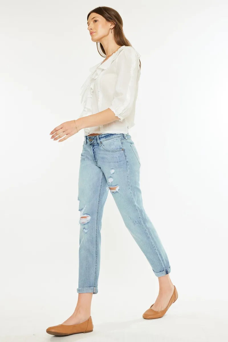 Kancan Mid Rise Distressed Boyfriend Fit Jeans - Fashorio