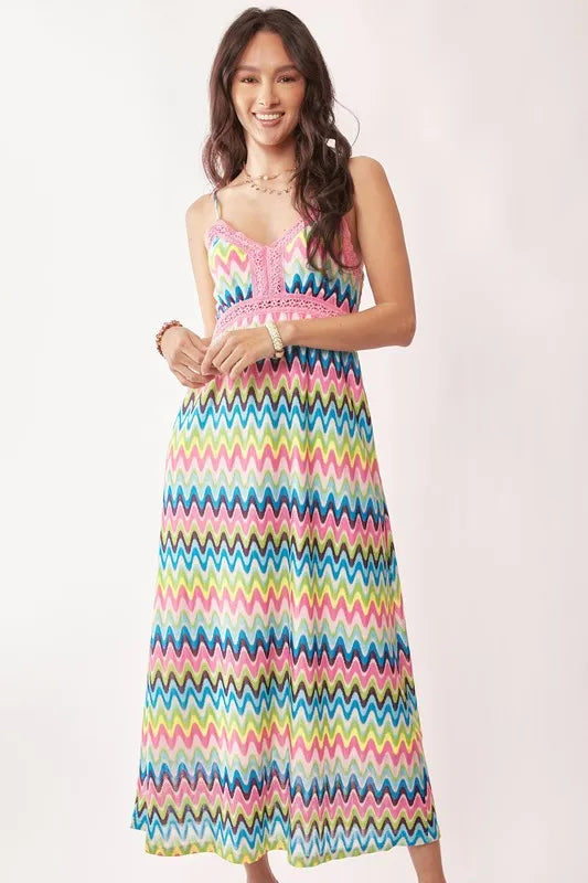 Crochet Lace Midi Dress in Pink and Blue styled look