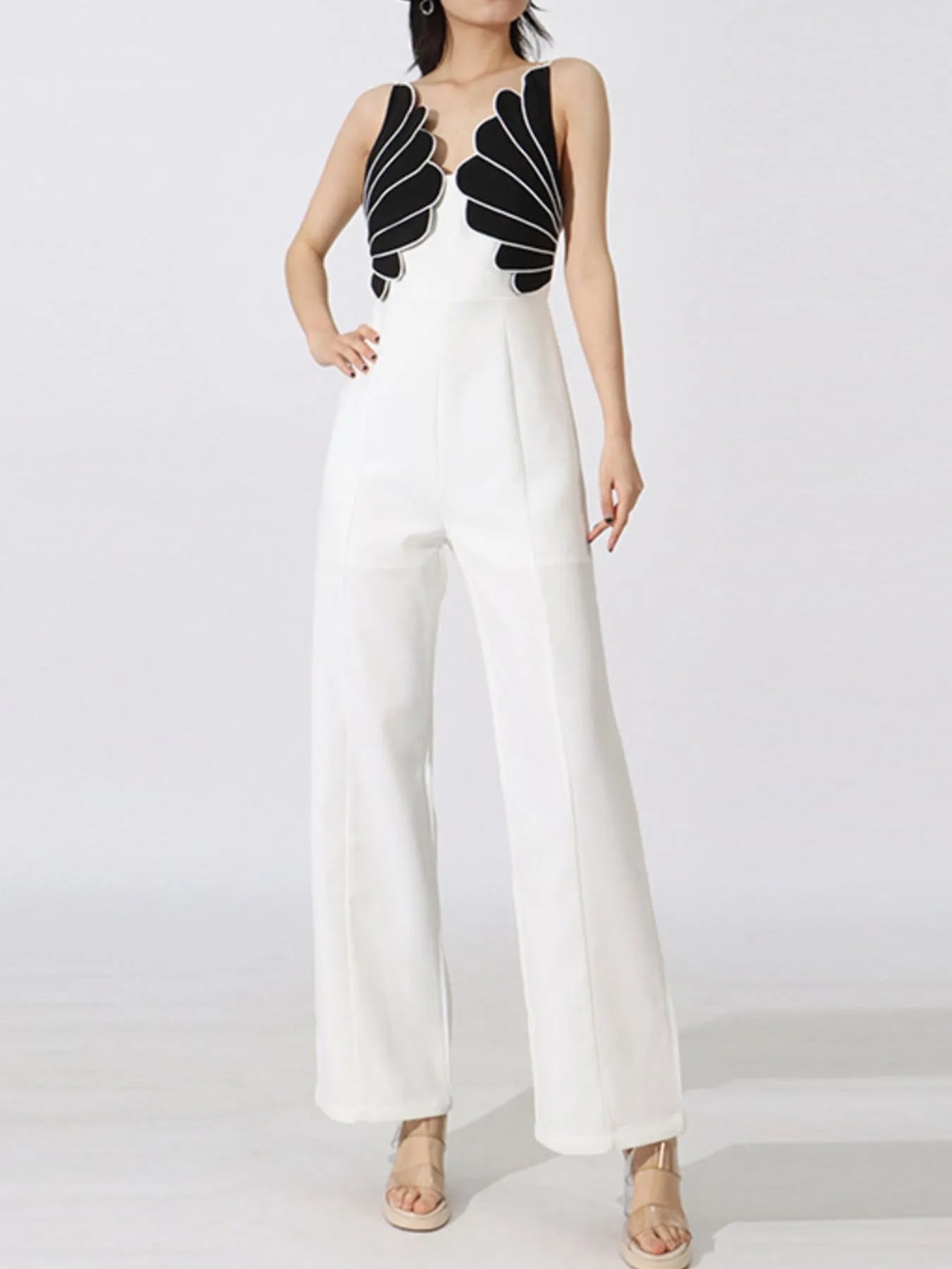 Contrast Sleeveless Wide-Leg Jumpsuit White - Fashorio
