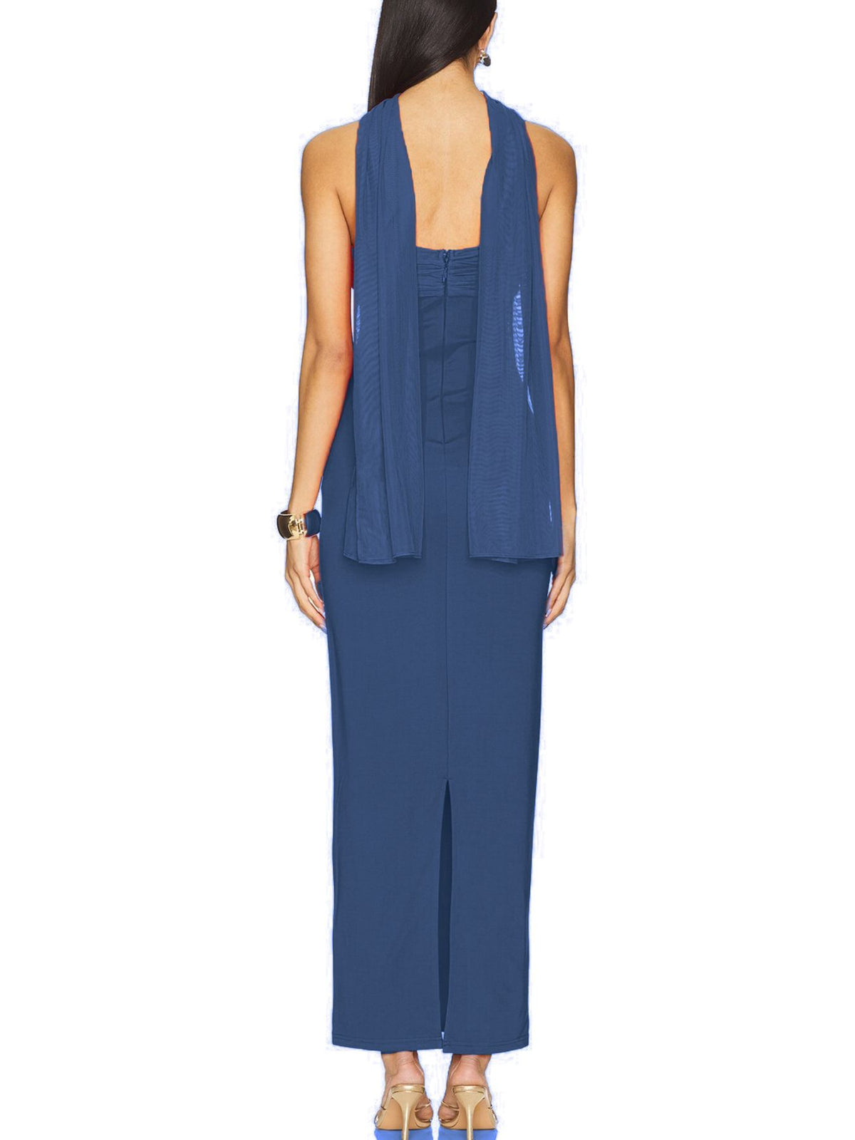Strapless maxi dress ruched waist close up