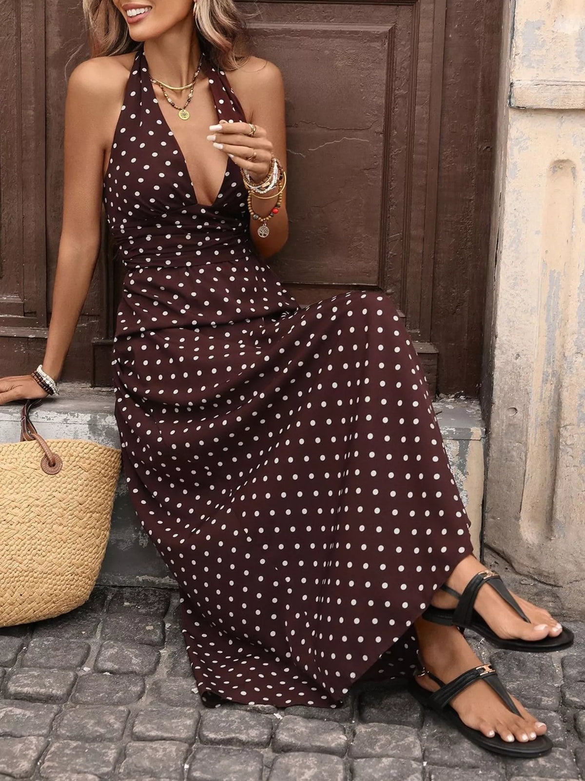 brown polka dot halter neck maxi dress back view