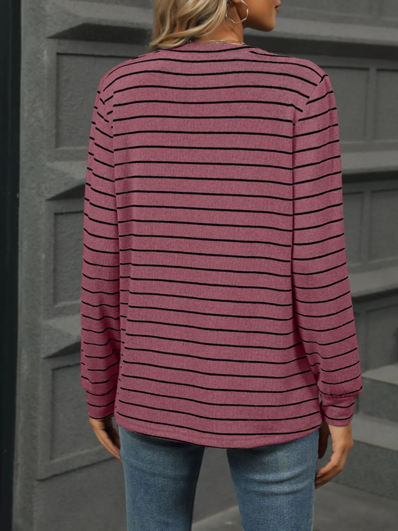 Striped Henley T-Shirt with Button Detail - Fashorio
