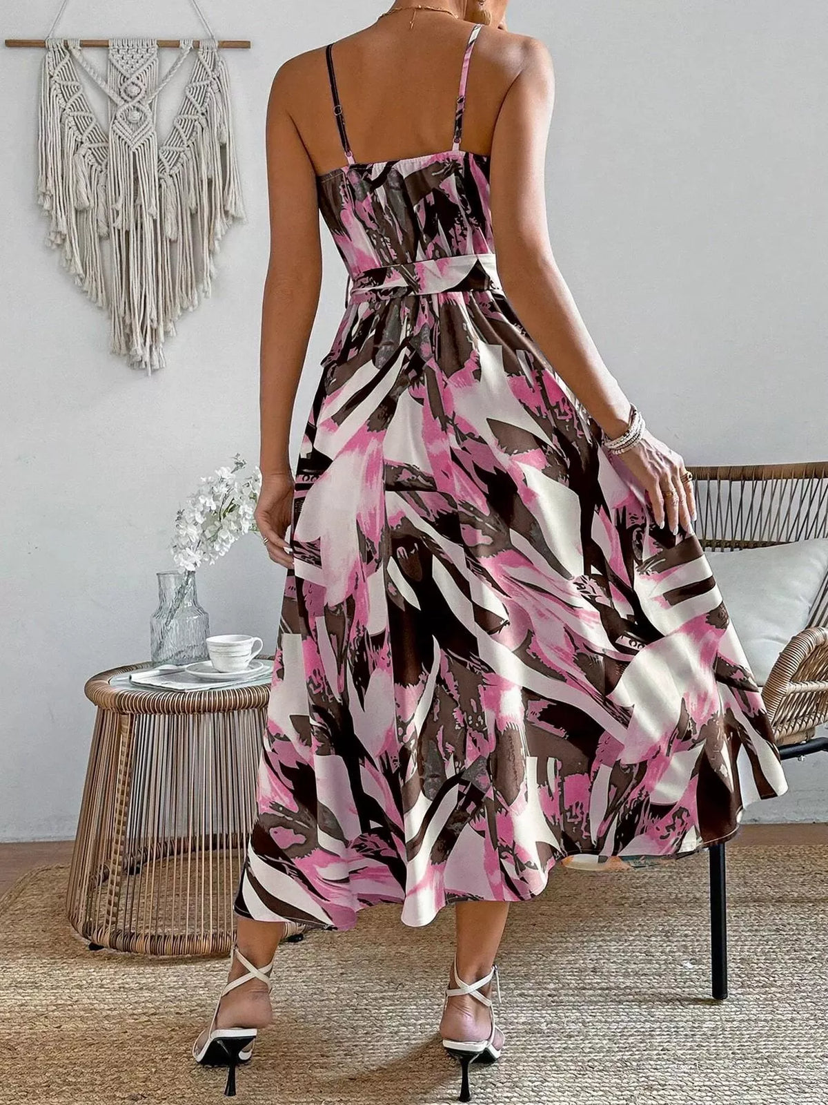 abstract print tie waist cami dress back view