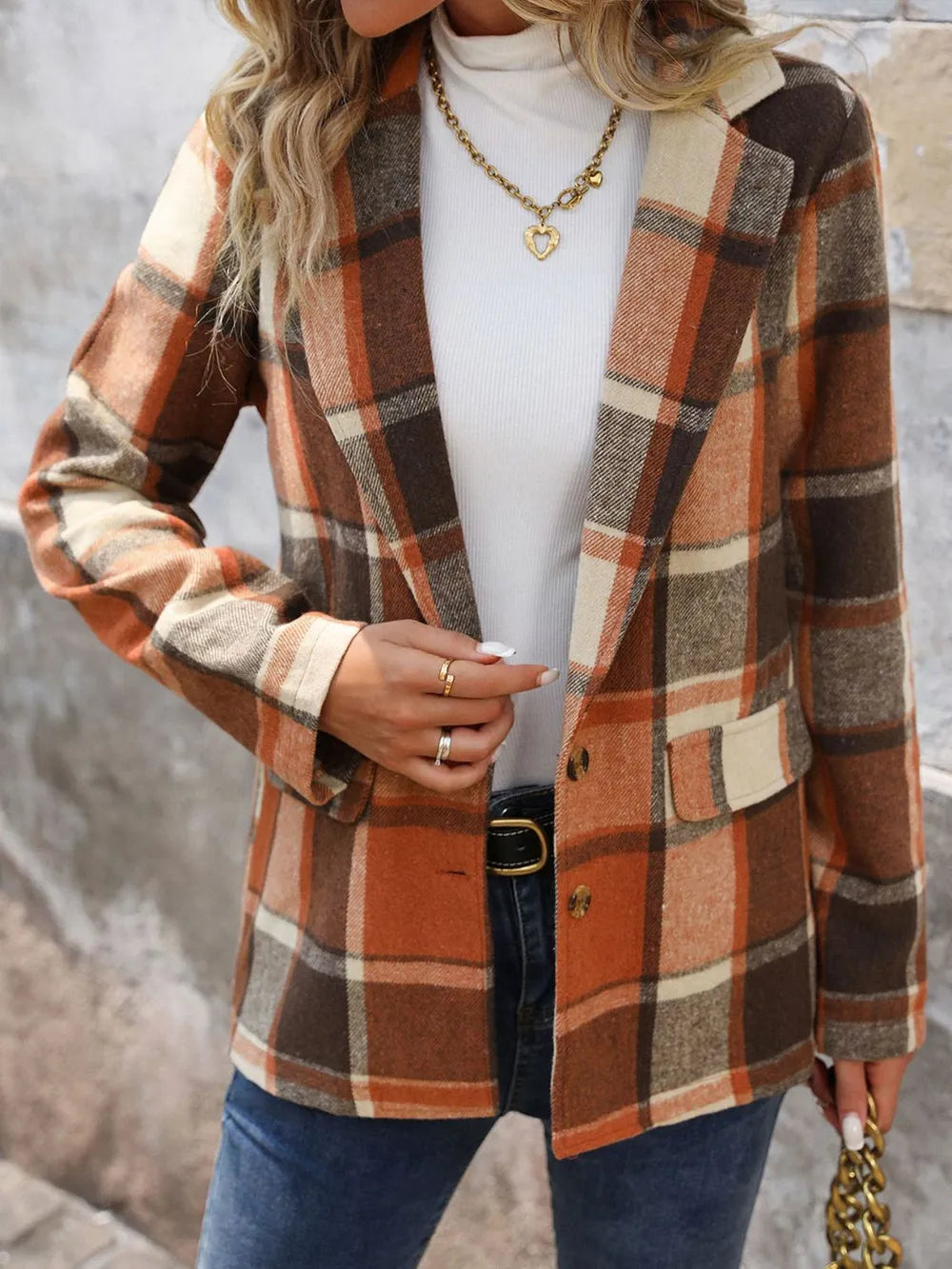 Perfee Plaid Button Down Lapel Collar Blazer - Fashorio