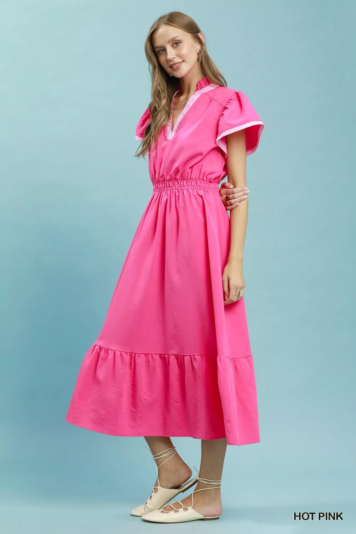 Hot pink midi dress contrast binding and V neck detail