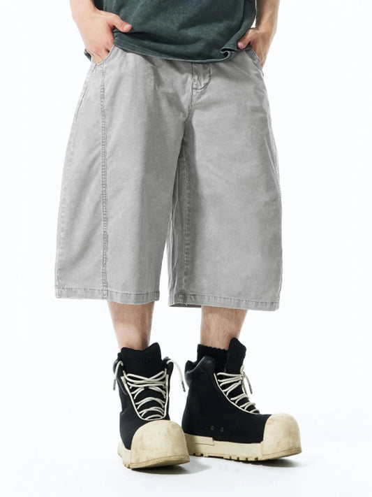 Men's Washed Wide Leg Denim Shorts Grey - Fashorio
