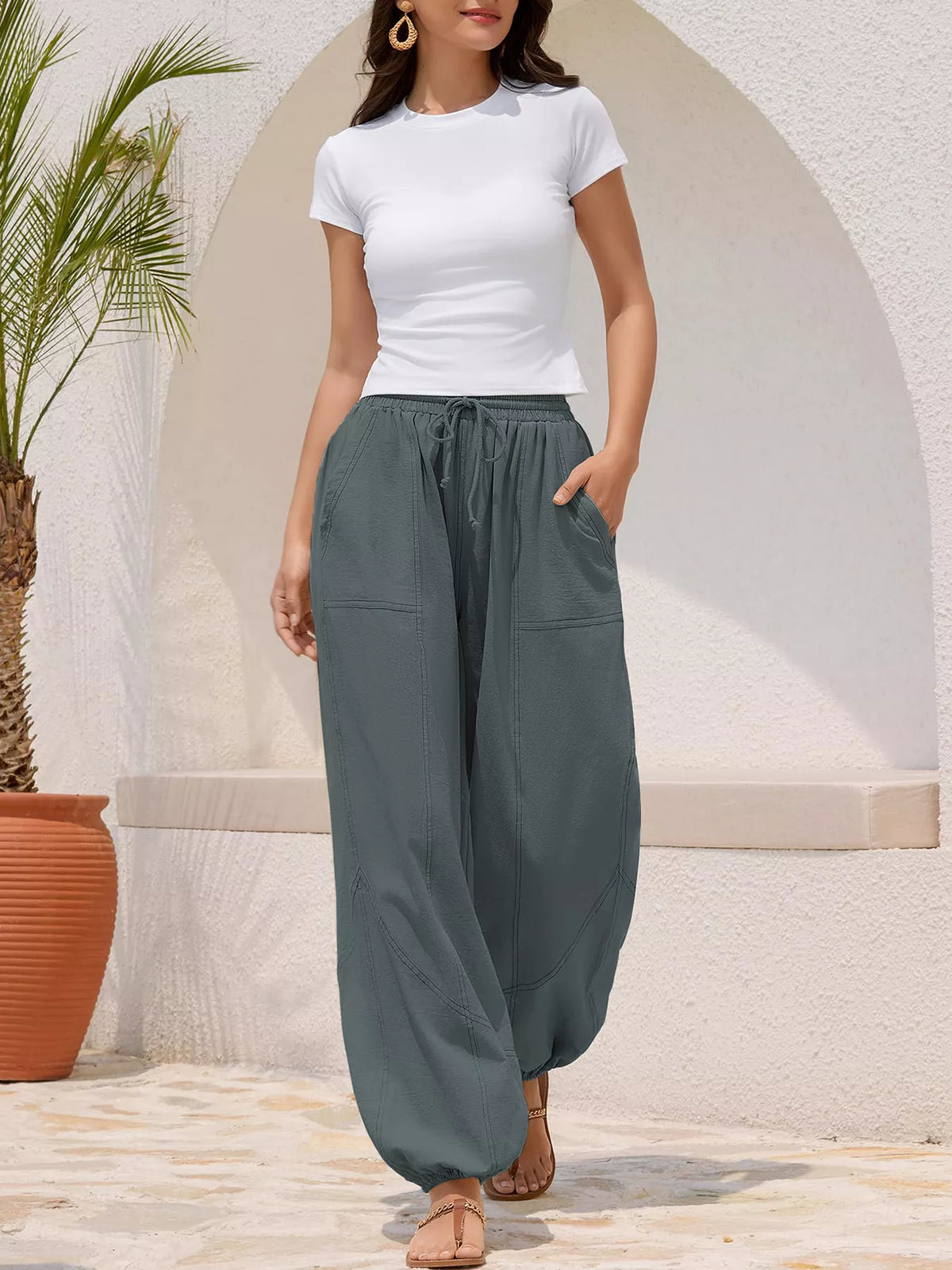 Loose fit drawstring waist harem joggers styled view