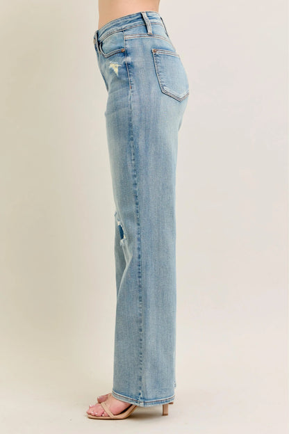 Judy Blue Full Size Hw Destroy & Knee Patch Straight Jeans Plus Size - Fashorio