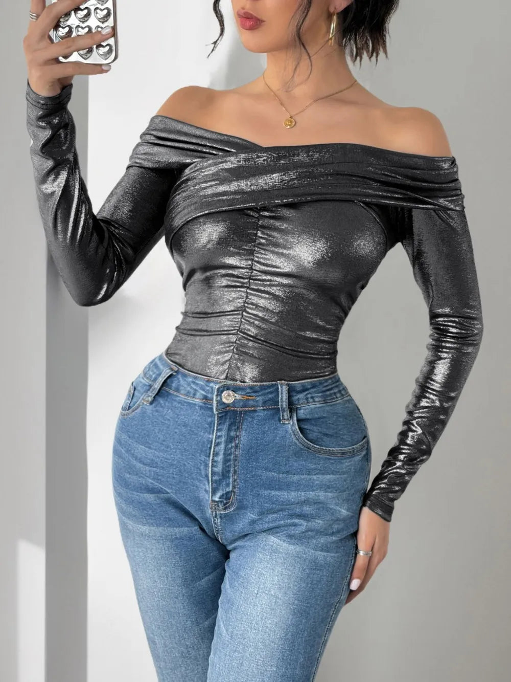 Perfee Ruched Off-Shoulder Long Sleeve Bodysuit - Fashorio