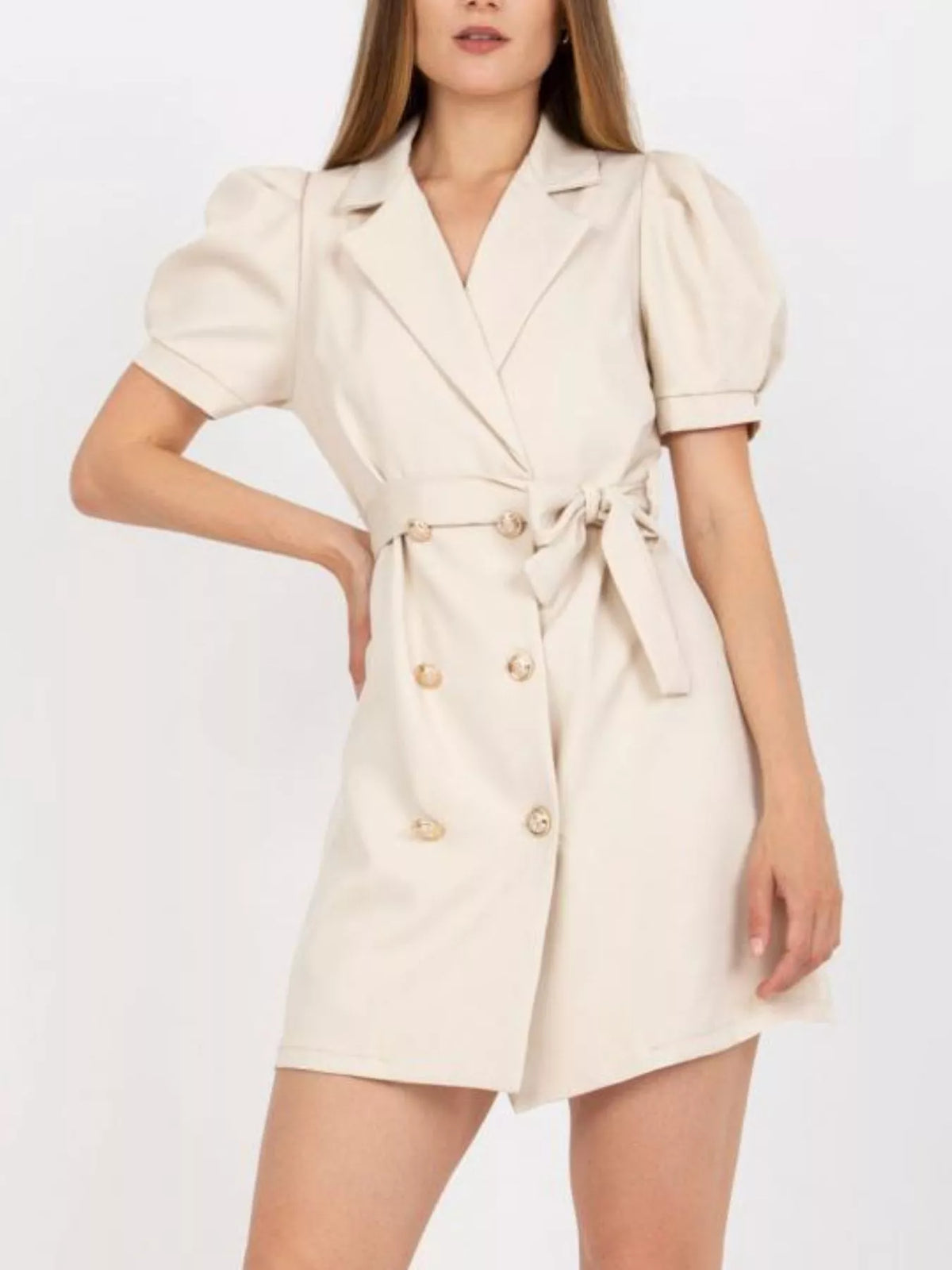 blazer tie waist mini dress paired with heels