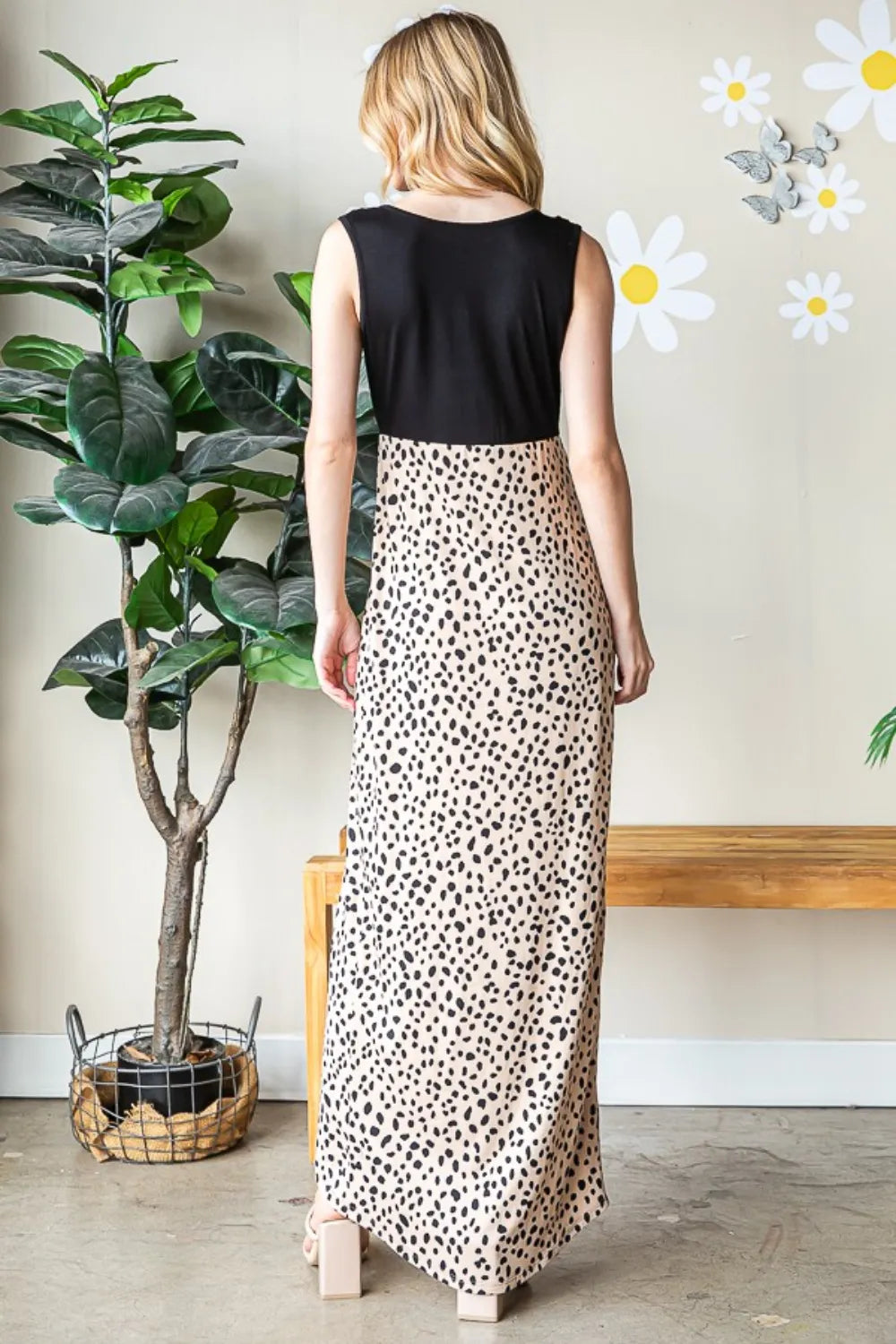 khaki and black animal print v neck slit maxi dress close up view