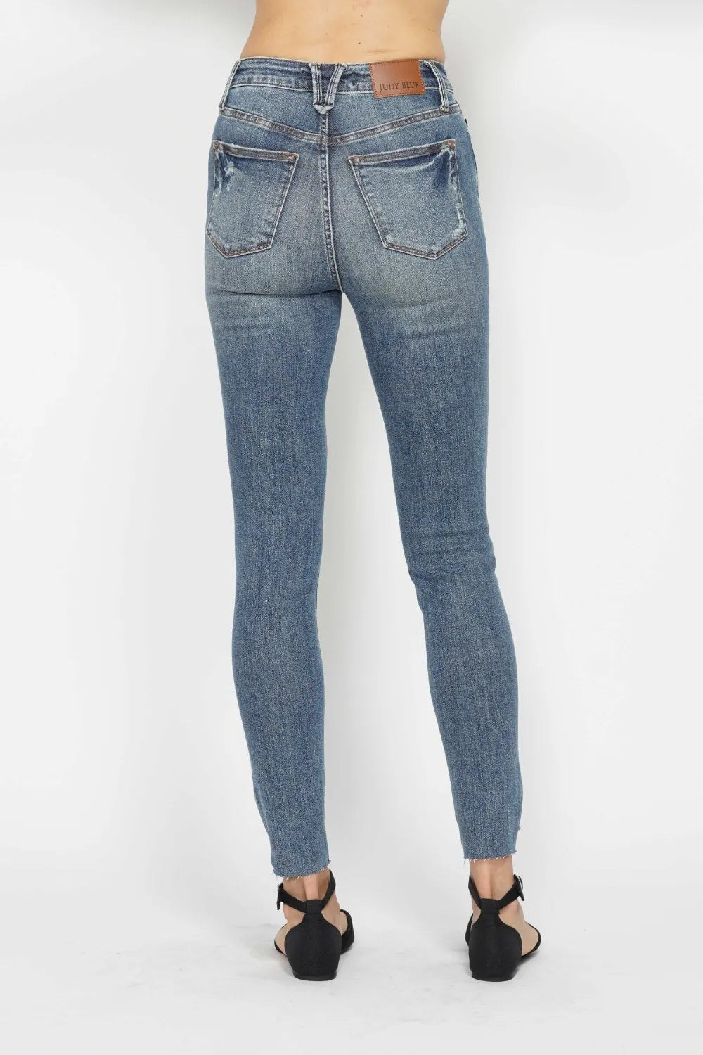 Judy Blue Tummy Control Vintage Wash Hem Distressed Skinny Jeans back view