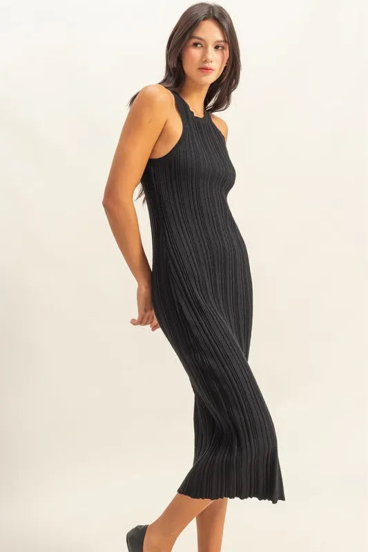 Ribbed Knit Bodycon Dress in Black side view